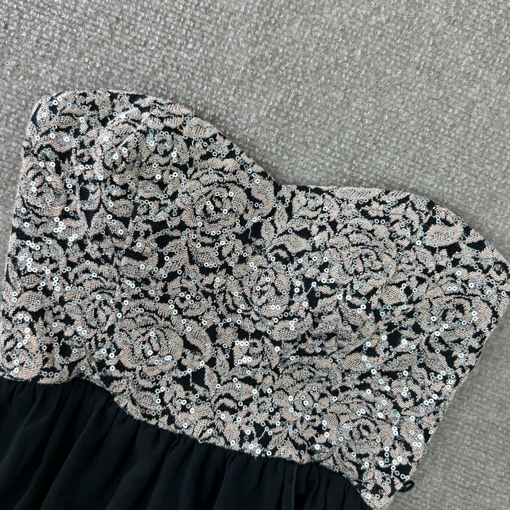 Womens Strapless Dress Black Floral Sequin Sweetheart Neck High Low Hem Cocktail
